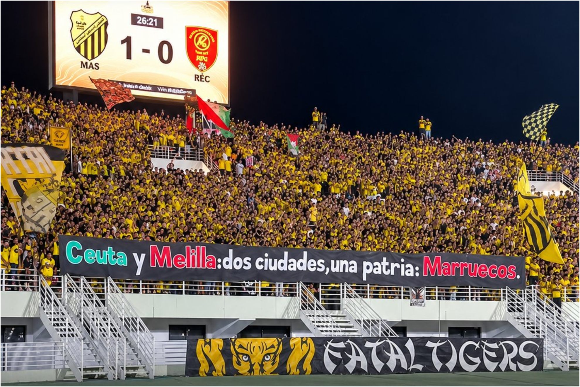 La afición del MAS de Fez exhibe una pancarta reivindicativa sobre Ceuta y Melilla